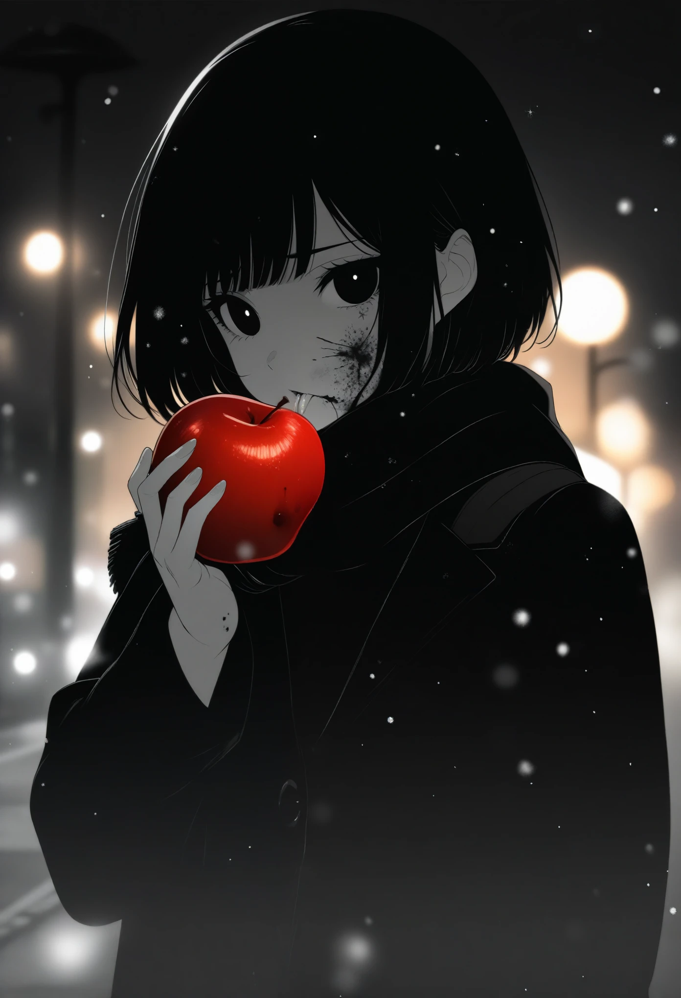 masterpiece, best quality, 1girl, momose_(oqo) official art, grayscale, manga style, japanese, chi no wadachi, black eyes, glowing white pupils, street, iced, black hair, schoolbag, lineart, looking at viewer, blood on face, black coat, black scarf, 35 years old, mature_female:1, tall, fair skinned, bokeh background, bob cut, light particles, centered, snowing, emotional anime scene, (very aesthetic, best quality, ultra detailed), intricate details, red and blue lights flashing, cool, soleless, emotionless, tired, taking a bite out of a shiny red apple, eating apple, holding apple to lips, holding, street lamp, surrounded by darkness, stars, biting
