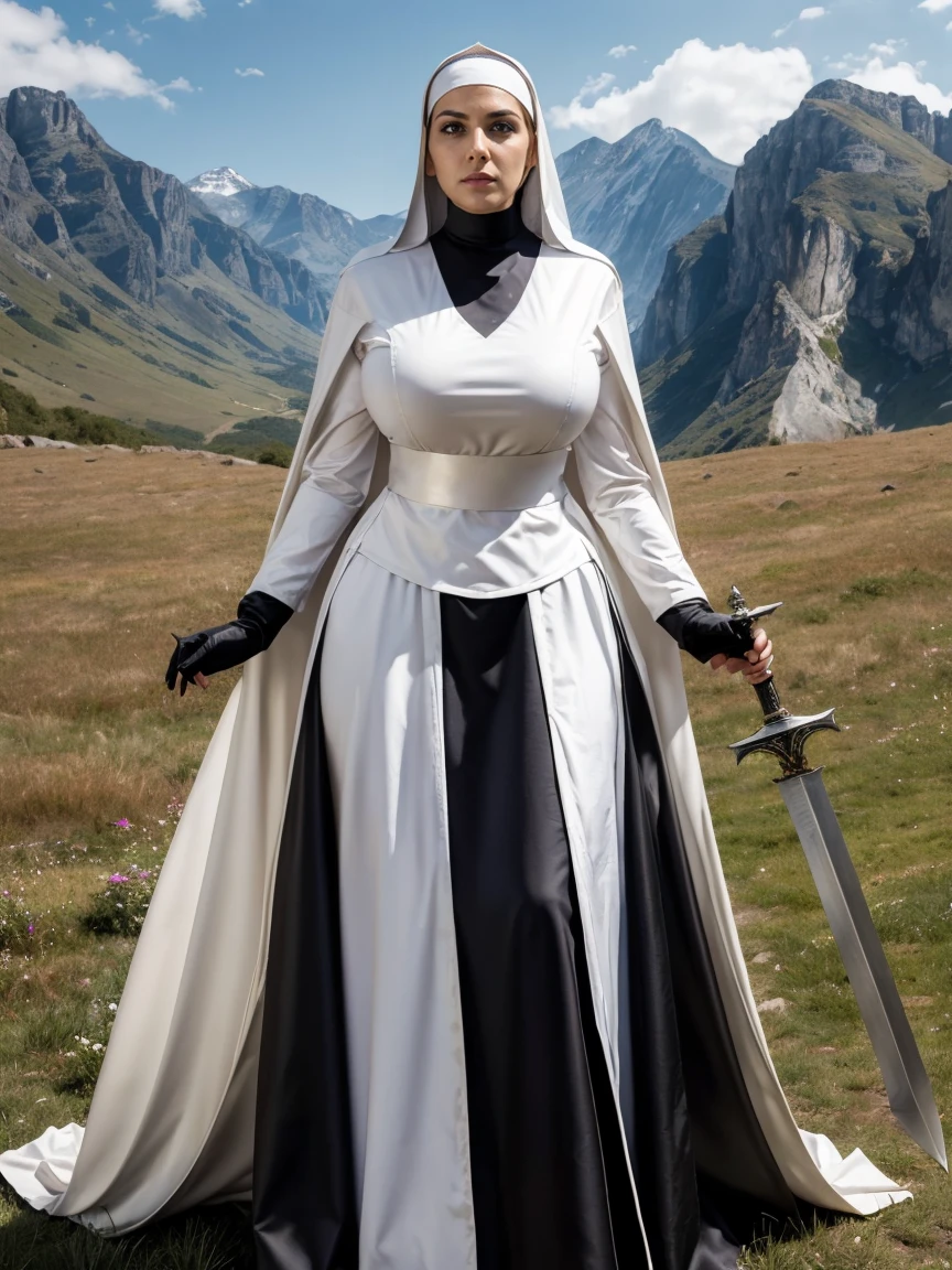 (masterpiece, top quality, best quality, official art, beautiful and aesthetic:1.2), (1girl:1.3), ((Sharp facial features, sharp features, hawkish features)), ((blue eyes)), busty brunette paladin knight girl, extremely detailed, portrait, looking at viewer, solo, (full body:0.6), detailed background, full-body shot, (warm mountain meadow theme:1.1), holy knight, (nun), charlatan, smirk, mysterious, swaying in mountains, armor, polished metal, gold trim, long boots, white fabric, pelvic curtain, robe, pale leather, ((((nun, greatsword, corona, holy aura, heavy armor, armored, long legs, pelvic curtain, toned, muscular)))), slim waist, slim hips, long legs, medieval (mountain exterior:1.1) background, dark mysterious lighting, shadows, magical atmosphere, dutch angle