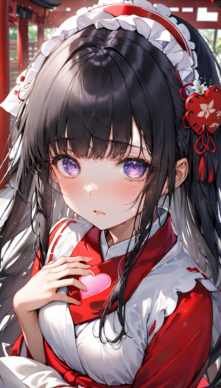 (sweaty skin) (standing, in the Fukuoka hakata city), (pov close up face) solo:2, 15 yo, ((blunt bangs)) (black hair long hair panic:1.4 shrine maiden girl), ((heart shaped pupils white eyes)), hand put on own chest, in a shrine maiden clothes, BREAK, perfect anatomy, masterpiece, best quality, 16k, beautiful detailed grow, daydreaming expression.