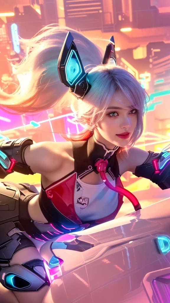 a close up portrait of a girl with long white and red hair, detailed futuristic cyberpunk outfit, intricate facial features, smile, intense gaze, (best quality,8k,highres,masterpiece:1.2),ultra-detailed,(realistic,photorealistic,photo-realistic:1.37),digital art, concept art, cinematic lighting, moody lighting, dramatic shadows, glowing neon colors, vibrant colors