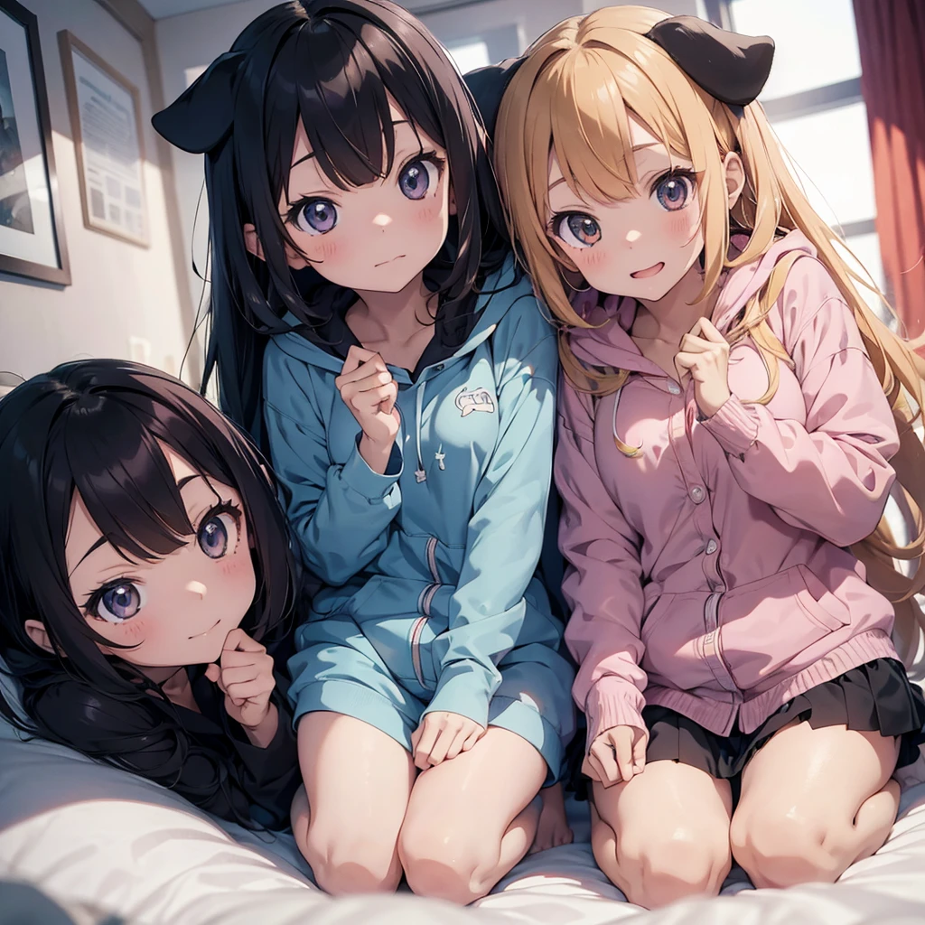 2 anime girls in a cat pajama with hoods and 1 anime girl in a dog pajama with hood in a cute pose in bed, looking up directly at the camera