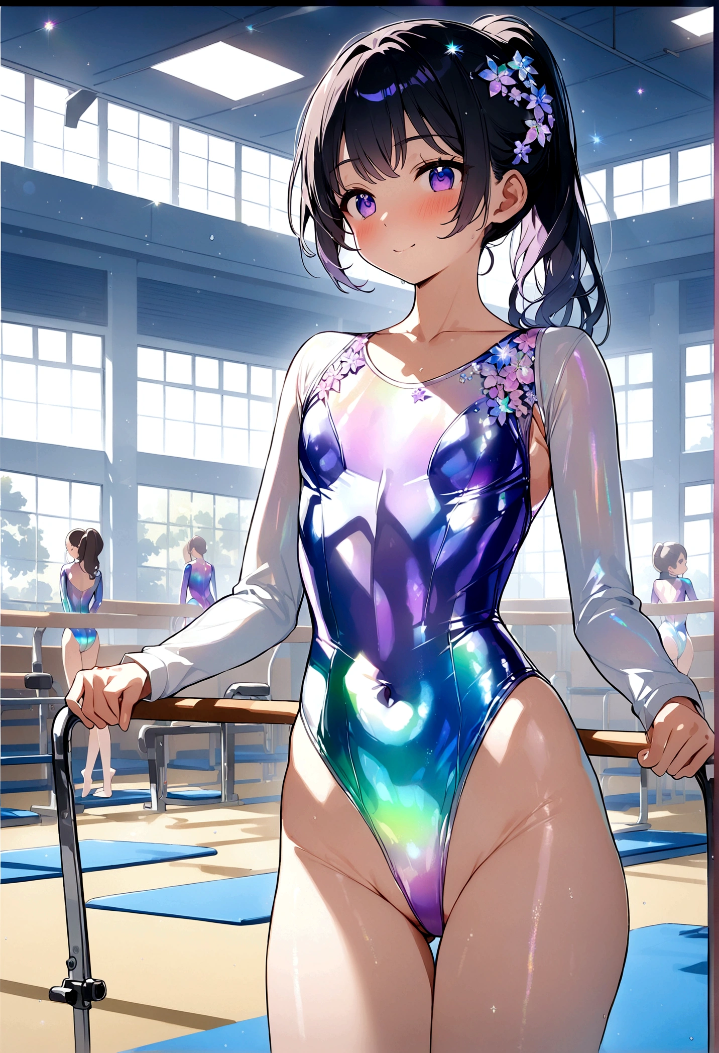 highquality illustration, masterpiece, very delicate and beautiful, attractive girl,(gymnastics leotard, Floral patterns leotard,long sleeve leotard with glittery decoration,high_leg leotard,athletic leotard,tight-fit leotard,iridescent gradient leotard),thin,slender body,slim,high school,gymnasium background,gymnastics club,gymnastics athlete,princess, beautiful eyes,light smile,(masterpiece, best quality:1.2), highres, extremely detailed CG unity 8k wallpaper, perfect lighting, Colourful, ultra-high res,4K,ultra-detailed, photography, 8K, HDR,  ages, 