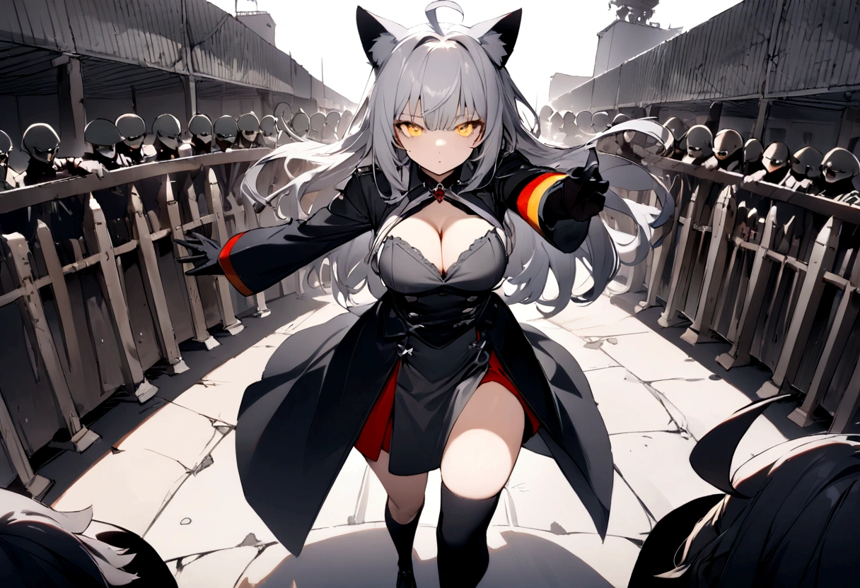 Dynamic Angles、Raising the German flag、Suspicious Gathering、Surrounded by enemies、(masterpiece, best quality:1.2), 1girl, 独奏、Gray cat ears、Grey long hair、Ahoge、Yellow Eyes、Gray cat ears、Background of military bases、Fisheye Lens、battlefield、Shadows of light and darkness、Expressionless、Grim face、battle、Black High Knee Socks、Cleavage、