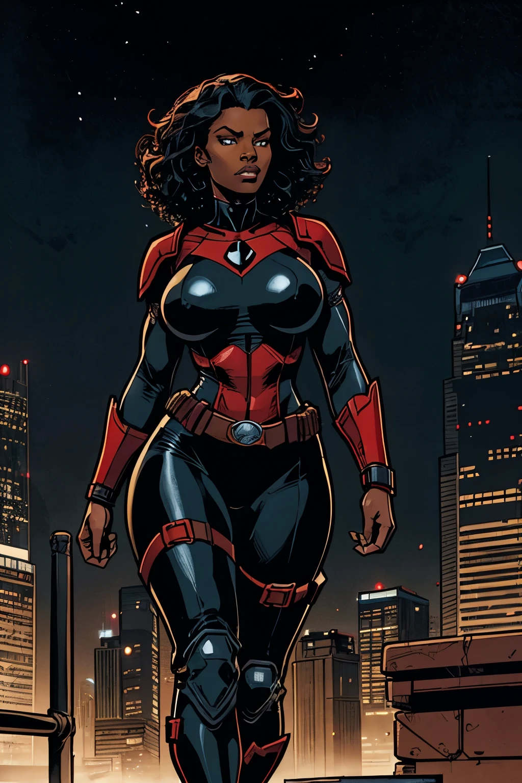 Cardinal, a gorgeous woman with (dark skin) wearing a modest black and red bodysuit, long sleeves, leggings. Athletic, huge breasts, wide hips. Short curly black hair, batons. bracers, shin guards, utility belt. Confident. City skyline, rooftops.