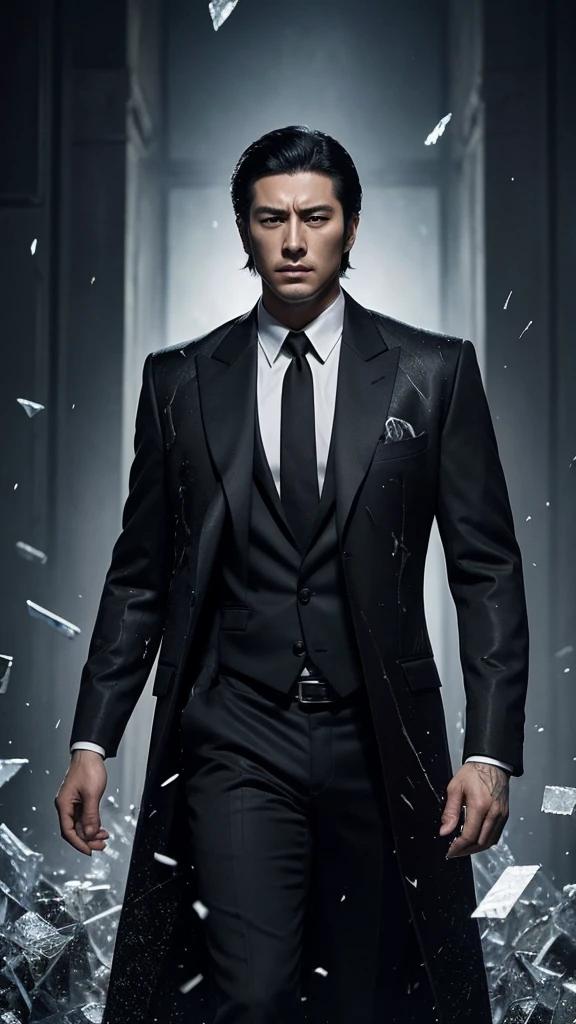 Cover for a mafia book. A handsome western man, young adult, in a suit, well-cut straight black hair. stark, Cao Cao, serious. The background will be black with broken glass, giving effect to the photo.