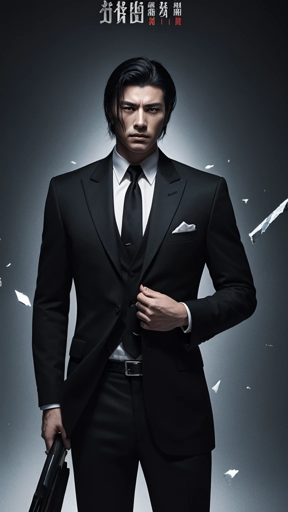 Cover for a mafia book. A handsome western man, young adult, in a suit, well-cut straight black hair. stark, Cao Cao, serious. The background will be black with broken glass, giving effect to the photo. 