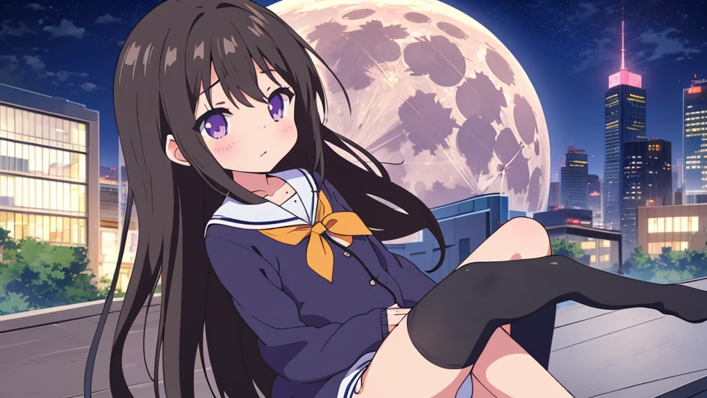 Shinjuku skyscraper district　full moon night　big moon　elementary school girl　8-year-old　flat chest　black hair　long hair　eyes are purple　（（1 person））　Cardigan on top of white long-sleeved sailor uniform　Lower body navy blue  full body show panties