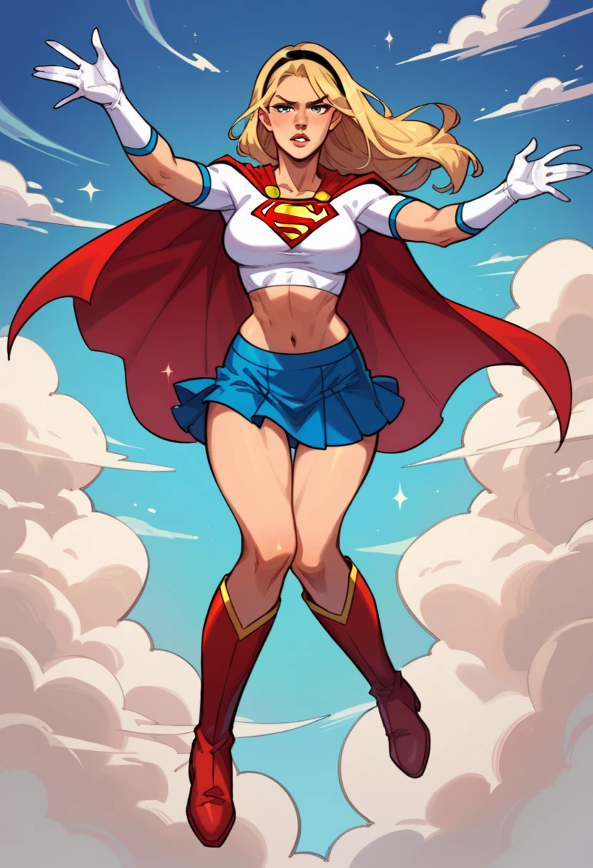 score_9, score_8_up, score_7_up, source_cartoon, BREAK 1girl, solo, Supergirl \(DC Animated Universe\), (long blonde hair:1.2), (black hairband:1.2), (white crop top, short sleeves:1.2), (short red cape:1.2), (short stretchy skirt, tight, blue:1.3), (white gloves:1.2), (red boots:1.2), looking at viewer, parted lips, mature woman, hot, flying over Metropolis, floating, masturbating.