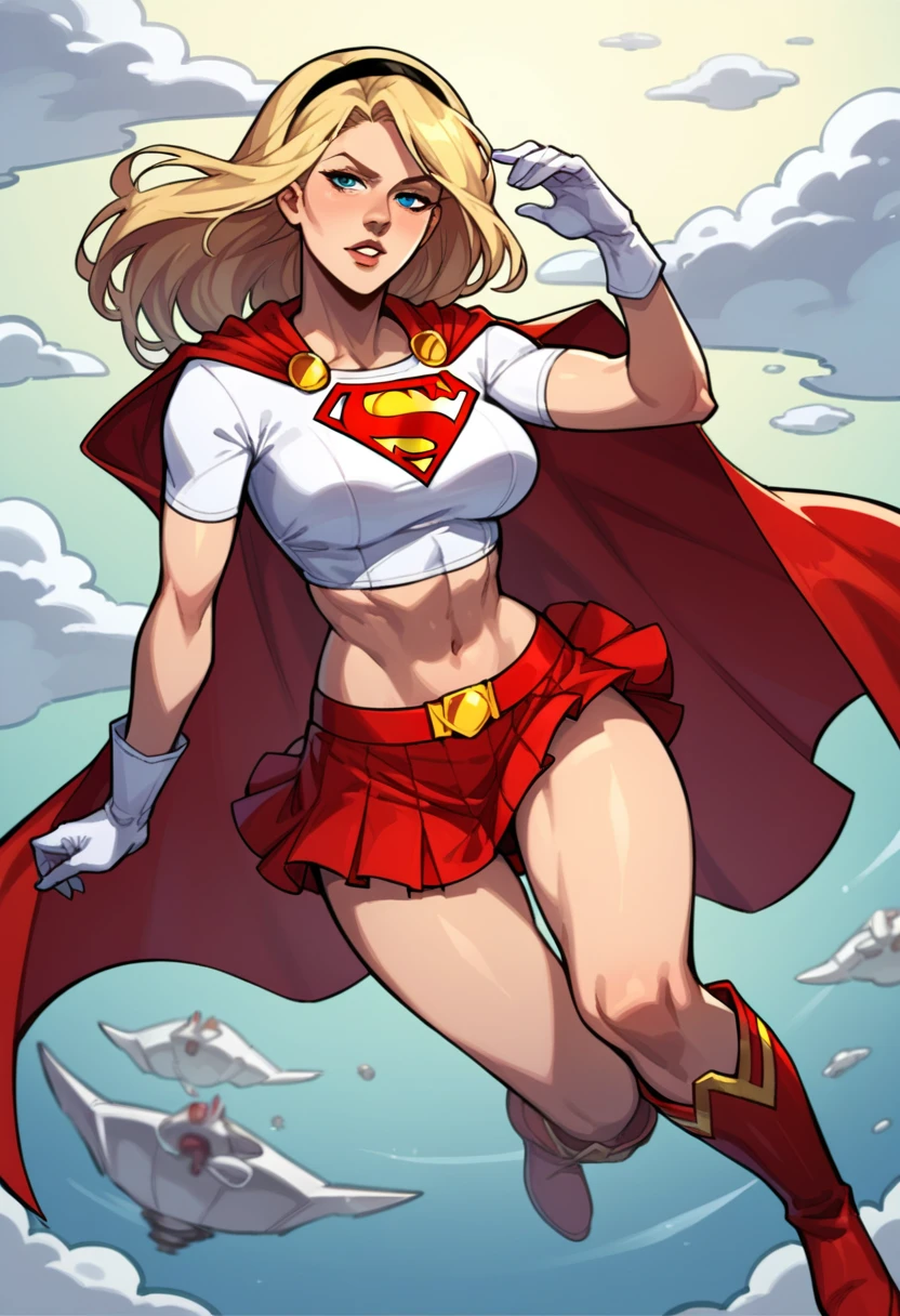 score_9, score_8_up, score_7_up, source_cartoon, BREAK 1girl, solo, Supergirl \(DC Animated Universe\), (long blonde hair:1.2), (black hairband:1.2), (white crop top, short sleeves:1.2), (short red cape:1.2), (short stretchy skirt, tight, blue:1.3), (white gloves:1.2), (red boots:1.2), looking at viewer, parted lips, mature woman, hot, flying over Metropolis, floating, masturbating.