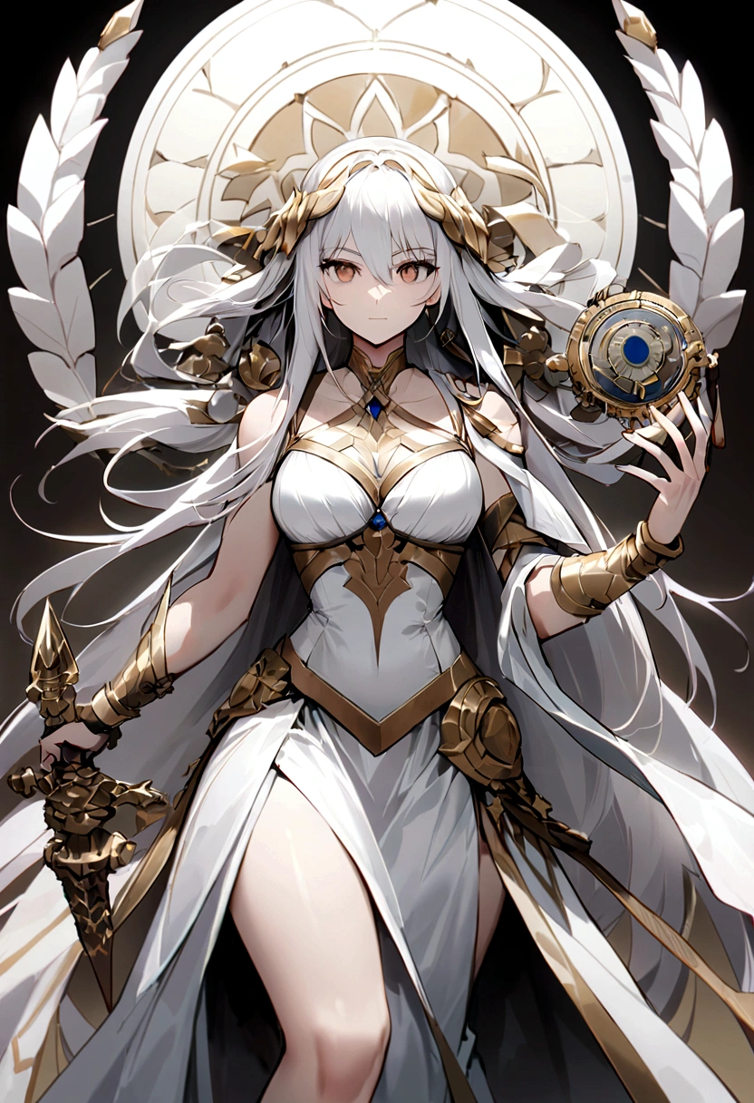 （Huang Li、high quality、Extremely detailed），Constellation - Libra goddess，Huge Libra，Woman holding a scales，Similar to Latin goodness，brave，capricious，Productivity，The face of enterprising and humanitarianism，White hair，Ancient Greek costumes、Wrap Dress，The background is the universe，Crystal brown eyes（Eyes Details），Powerful appearance