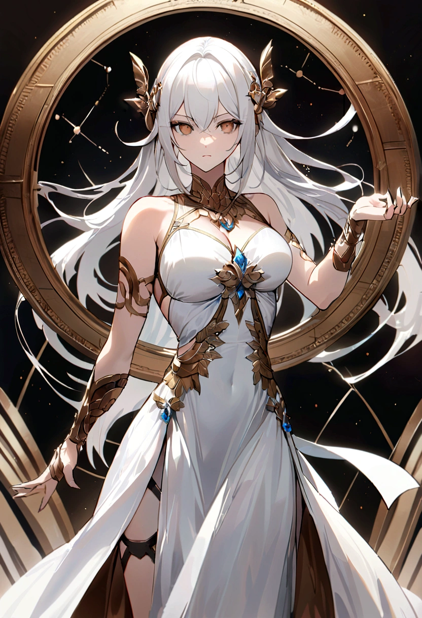 （Huang Li、high quality、Extremely detailed），Constellation - Libra goddess，Huge Libra，Woman holding a scales，Similar to Latin goodness，brave，capricious，Productivity，The face of enterprising and humanitarianism，White hair，Ancient Greek costumes、Wrap Dress，The background is the universe，Crystal brown eyes（Eyes Details），Powerful appearance
