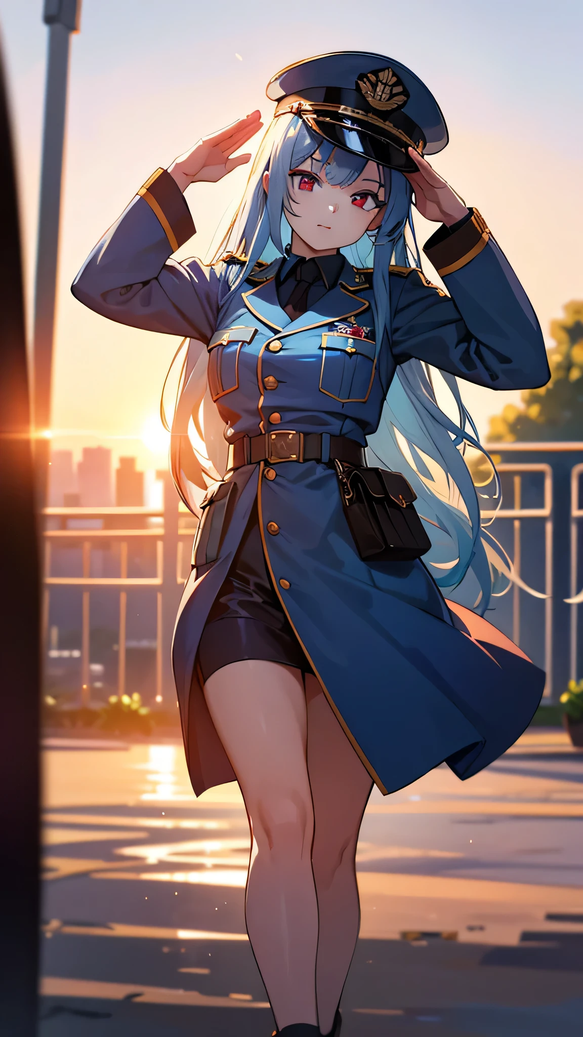 1girl, 18 years old, cute high school girl, light blue hair, red eyes, military uniform, military cap, saluting, bathed in sunset light, serious expression, nostalgic atmosphere, full body, best quality, 8k, highres, masterpiece:1.2, ultra-detailed, realistic, photorealistic:1.37, HDR, UHD, studio lighting, ultra-fine painting, sharp focus, physically-based rendering, extreme detail description, professional, vivid colors, bokeh