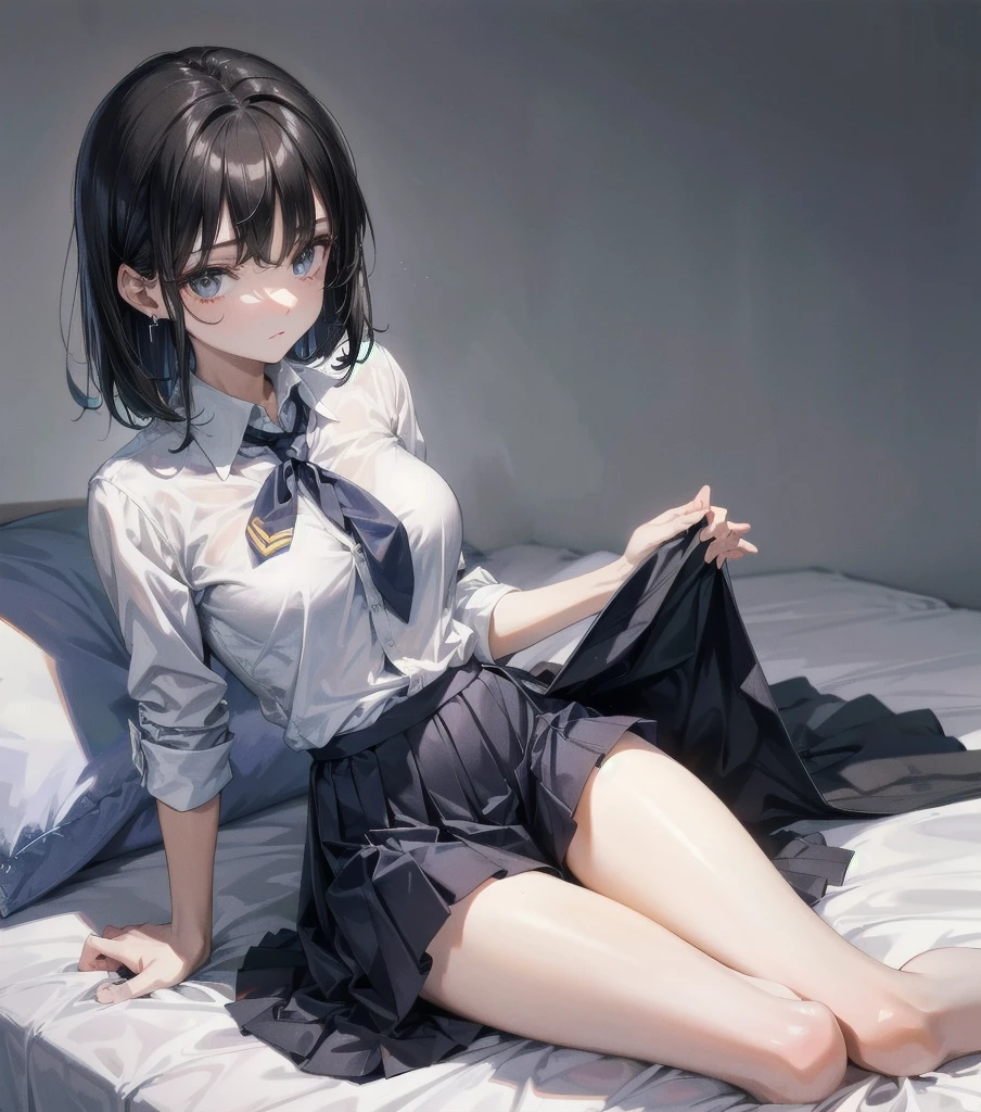 absurdres, RAW photo, extremely delicate and beautiful, masterpiece, Best Quality, ultra high resolution, 32k, hyperrealistic, ultra-detailed, in her 20s, very Slim body, narrow waist, very small head, very small face, delicate facial features, tearful mole, earring, very huge round breasts, ((full body shot)), medium hair, black hair, ((school_uniform)),