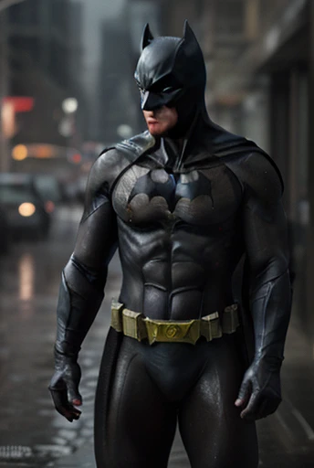 create concept art with batman man he is blonde and wet in the rain,Ranni,with half of the mask broken