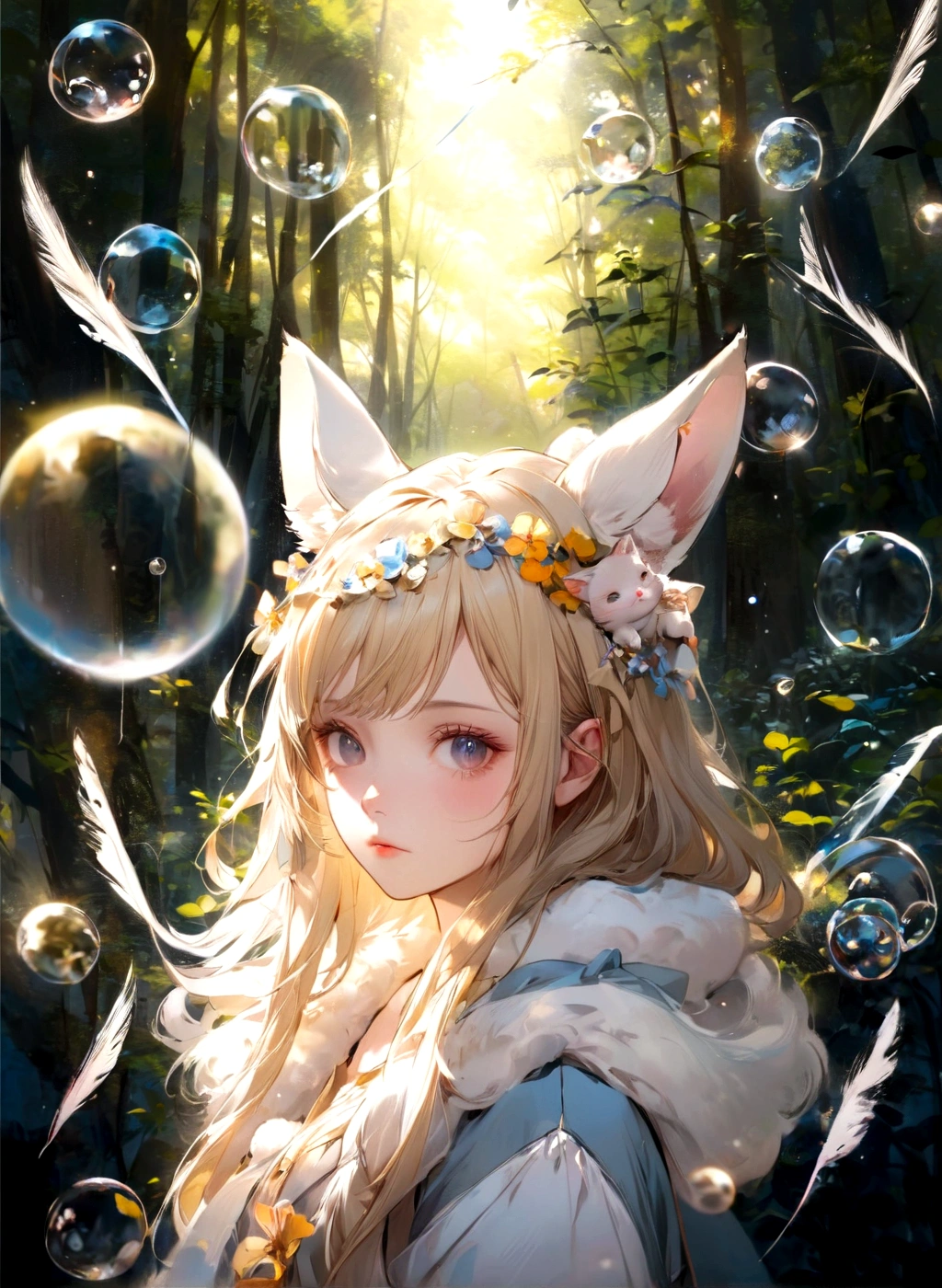 anime girl with long blonde hair and bunny ears in a forest, girl with fox ears, artwork in the style of guweiz, guweiz on pixiv artstation, guweiz on artstation pixiv, fantasy art style, anime girl with cat ears, anime fantasy illustration, guweiz, fluffy fox ears, girl with cat ears