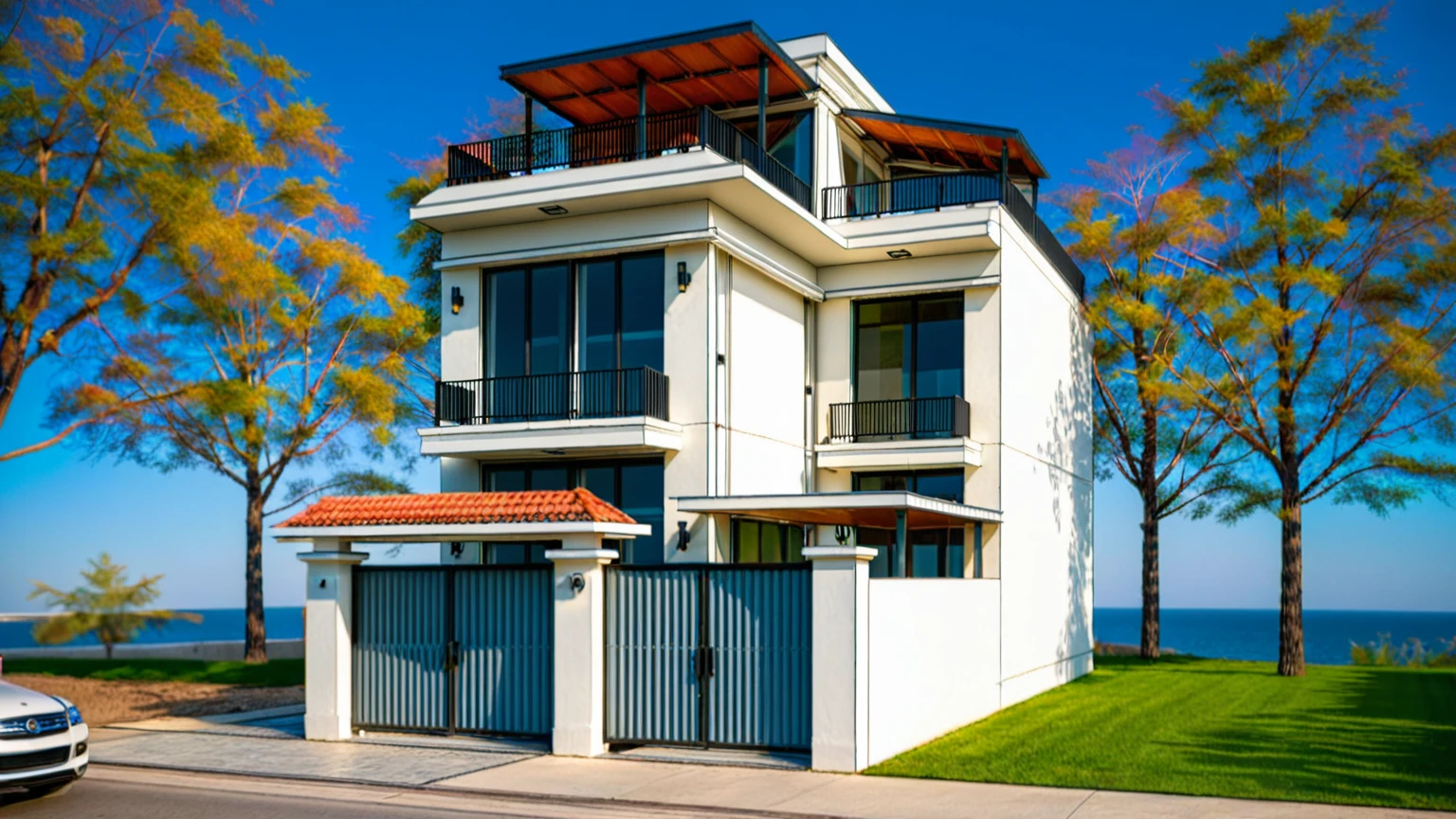 Photo brute,head of&#39;artwork, High quality, best quality, authentique, great detail,
Outside, En plein air,Tuonghoagio,house, style moderne, on street,mur de fleurs de vent, glass windows, white wall,grille, metal railing road,pavement, grass, trees, sky, (jour:1.1)