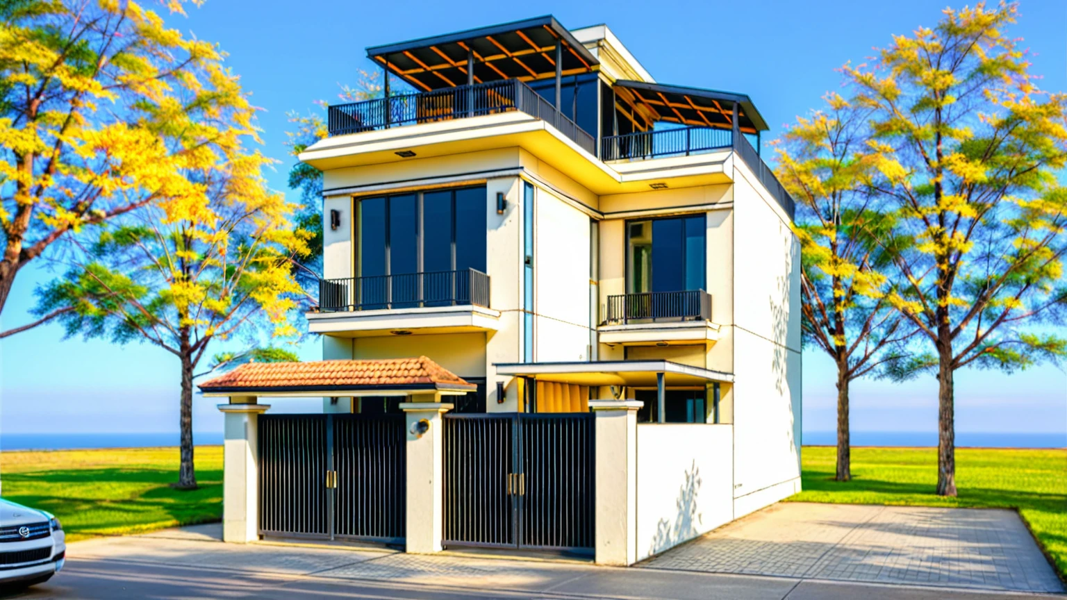 Photo brute,head of'artwork, High quality, best quality, authentique, great detail,
Outside, En plein air,Tuonghoagio,house, style moderne, on street,mur de fleurs de vent, glass windows, white wall,grille, metal railing road,pavement, grass, trees, sky, (jour:1.1)