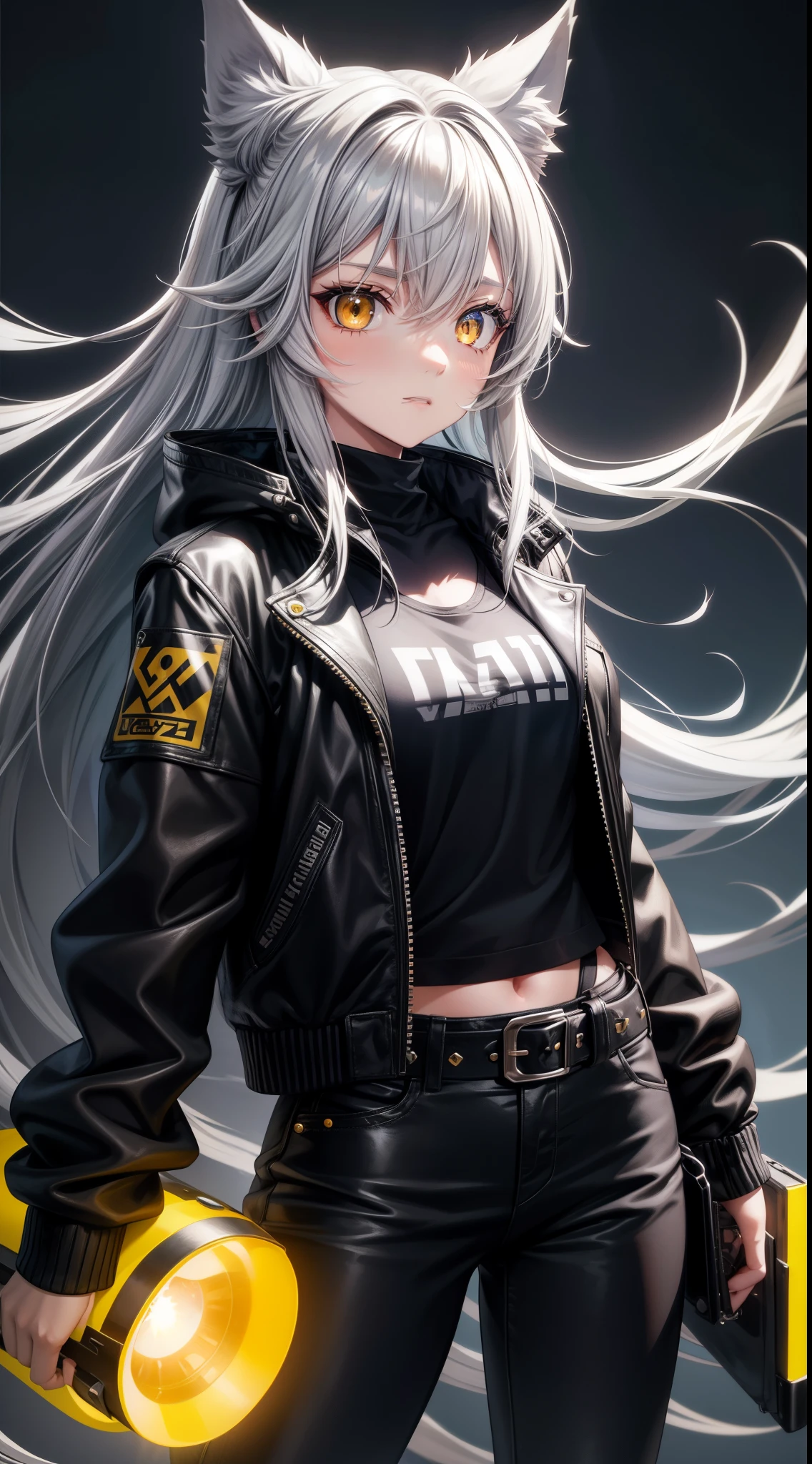 young girl, Long gray wild hair, wolf ears, yellow eyes, punk, blue leather jacket, black school pants, glowing eyes, small breasts, facing front, Masterpiece, hiquality