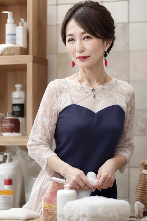 a beautiful mature 55 year old japanese woman, married woman, kind mother, delicate lines, long eyelashes, beautiful eyes, very short haircut, red lipstick, necklace, earrings, nude, bathing at home, in the bathtub, shoulders deep in the bath, warm soft lighting, photorealistic, highly detailed, cinematic composition, dramatic lighting, elegant, serene, contemplative mood, chiaroscuro lighting, realistic skin textures, studio lighting, 8k, best quality, masterpiece, hyper realistic
