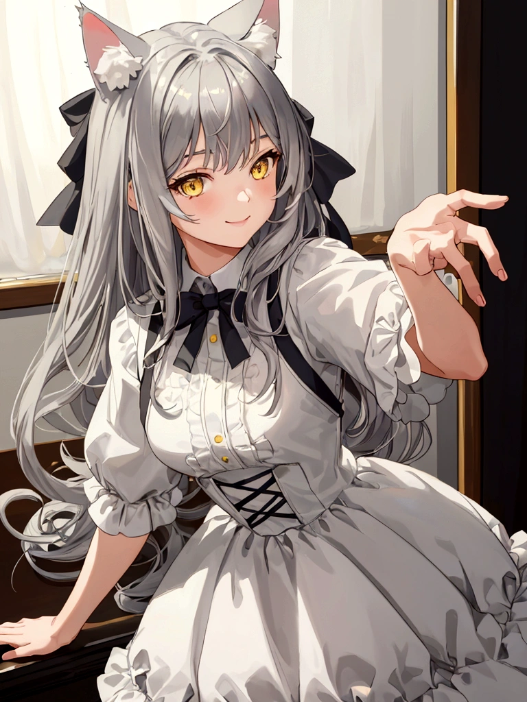 ((masterpiece)), ((best quality)), (close-up:1), (half-body shot:1.36), perfect anatomy, 1girl, solo, cat girl, gray hair, yellow eyes, gray cat ears, gray fluffy cat tail, short-sleeved white dress, smiling, lighting from front, looking at viewers