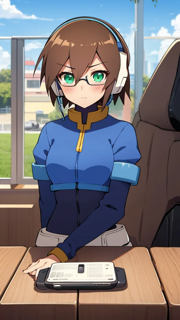 Aile_Megamanzx, 1 Girl, looking at viewer, Brown hair, Green eyes, Sky background , Blushed , Leaning on a table , Glasses , gaming clothes, gaming headphones