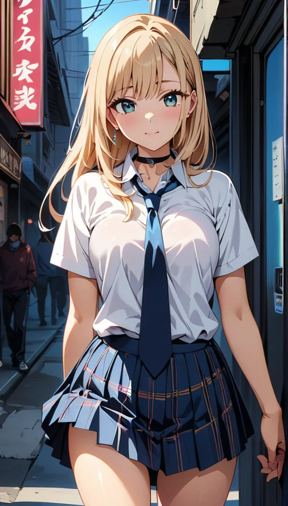 (highest quality:1.2, Anime artwork, Very detailed, High Detail, digital coloring, High Contrast, masterpiece:1.2, highest quality, Best aesthetics), (((kitagawa marin, 1 girl))), Black Hair, Straight long hair, Pink gradient hair, empty eyes, Earrings, White shirt, Black choker, Blue tie, Checked skirt, Pouting, slouch, Are standing, Cowboy Shot, bustling street, lift skirt myself,show panty,panty,lingerie,