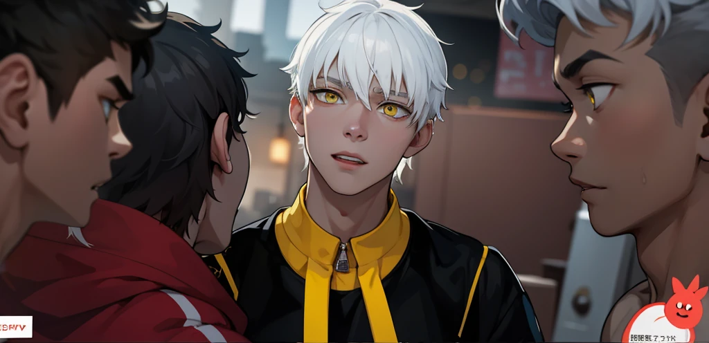 cute 17 year old boy, yellow eyes, white hair, speaking calmly