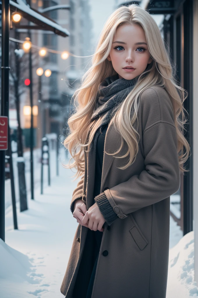 professional photography of a beautiful norwegian girl in winter clothes with long wavy blonde hair, sensual and seductive look, beautiful symmetrical face, beautiful natural makeup, wearing chic warm winter fashion clothing, ((standing outside on the snowy city street)), impressive modern urban environment, ultra realistic, conceptual artwork, chic, highy detailed, intricate, sharp focus, Depth of field, f/1. 8, 85 mm, medium shot, mid shot, (((professional color grading))), soft and bright diffused light, (Volumetric fog), Trends on Instagram, HD 4k, 8K