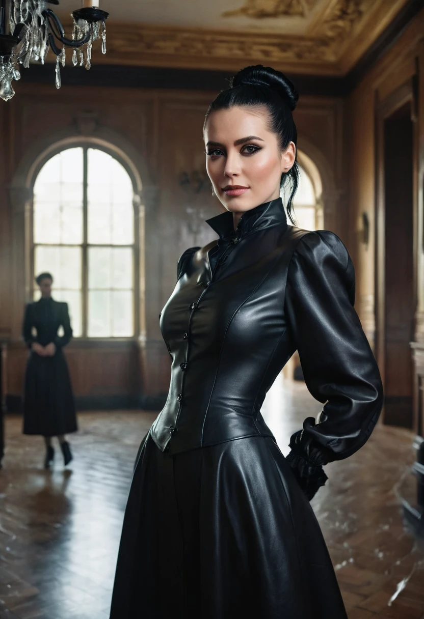 A cinematic image, a stunning seductress model, a haughty evil smile from above, a black straight hairstyle with a high ponytail, a black leather corset, a long formal shirt dress in the style of a Victorian governess, a black long leather shirt dress with long puffy sleeves and large buttons, a room in a mansion flooded with sunlight, a white collar office shirts, leather gloves, eyeliner, black leather shoes, a human skull in one hand.