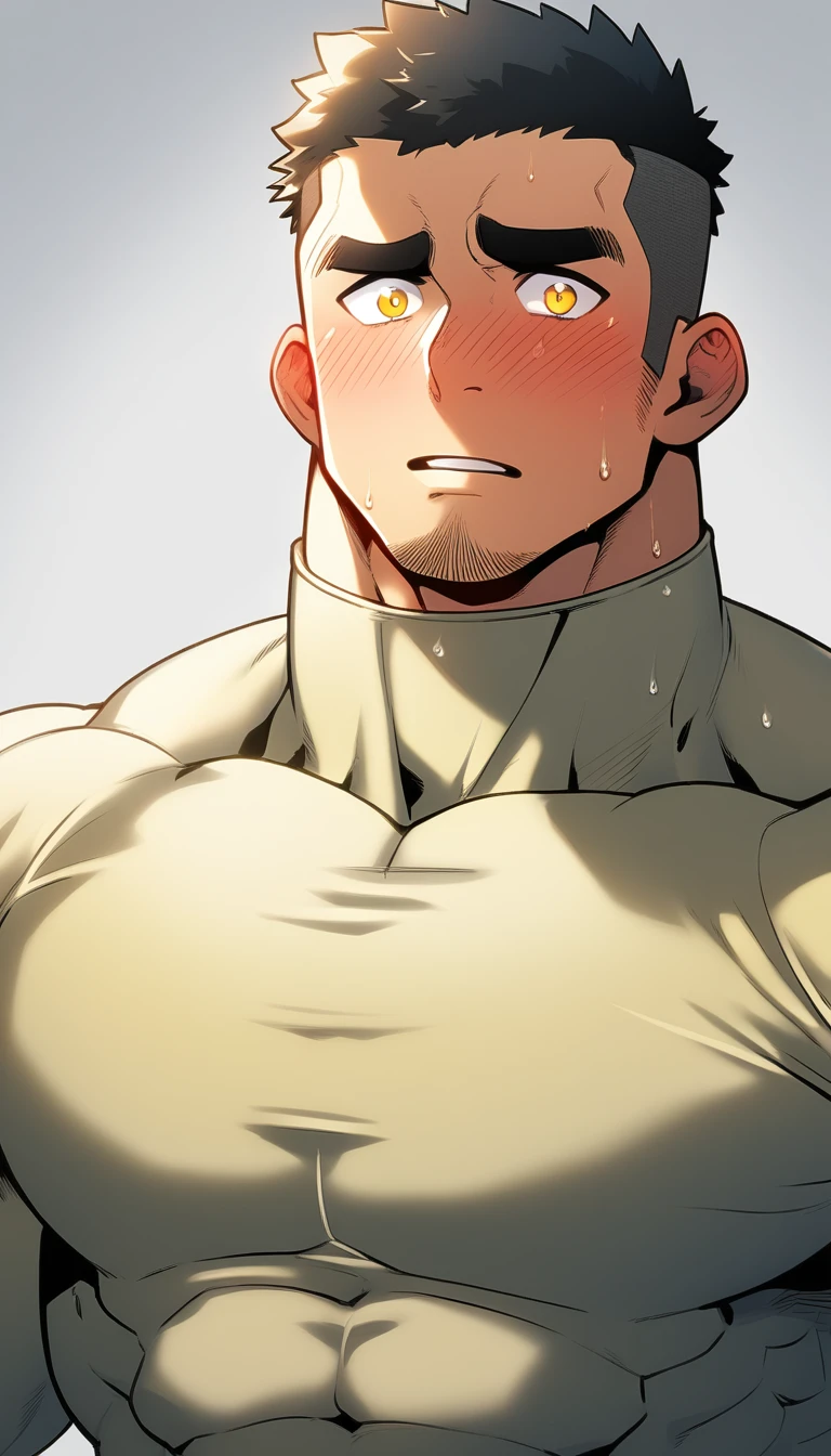 anime characters：Tights superhero, Muscle superhero, 1 muscular tough guy, Manliness, male focus, Light yellow high collar long sleeve tight T-shirt, Very tight, The clothes were soaked with sweat, The pectoral muscles are oversized, Slightly transparent, muscular male, muscular, only, Upper body, alone, Black short hair, Thick eyebrows, stubble, Yellow eyes, Grey background, simple background, amazing quality, best aesthetics, Ridiculous, bright pupils, crew cut, parted lips, shy, blush, moaning, saliva trail, drop shadow, best quality