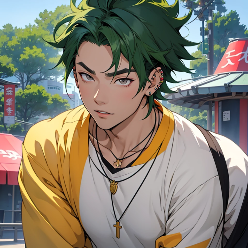 anime panel,upper body, 1Male,solo Korean, dark green hair, gray eyes, casual clothes, necklace, piercing, park background, face focus