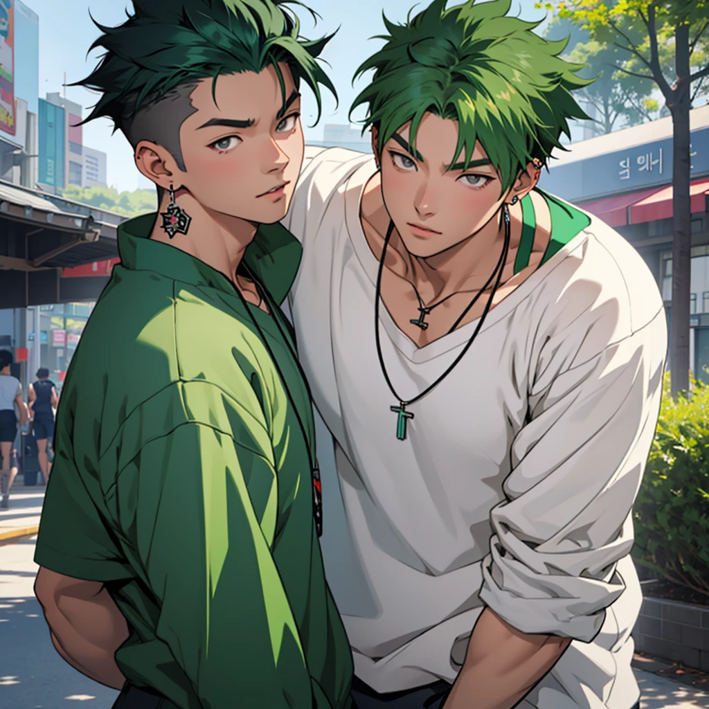 anime panel,upper body, 1Male,solo Korean, dark green hair, gray eyes, casual clothes, necklace, piercing, park background, face focus