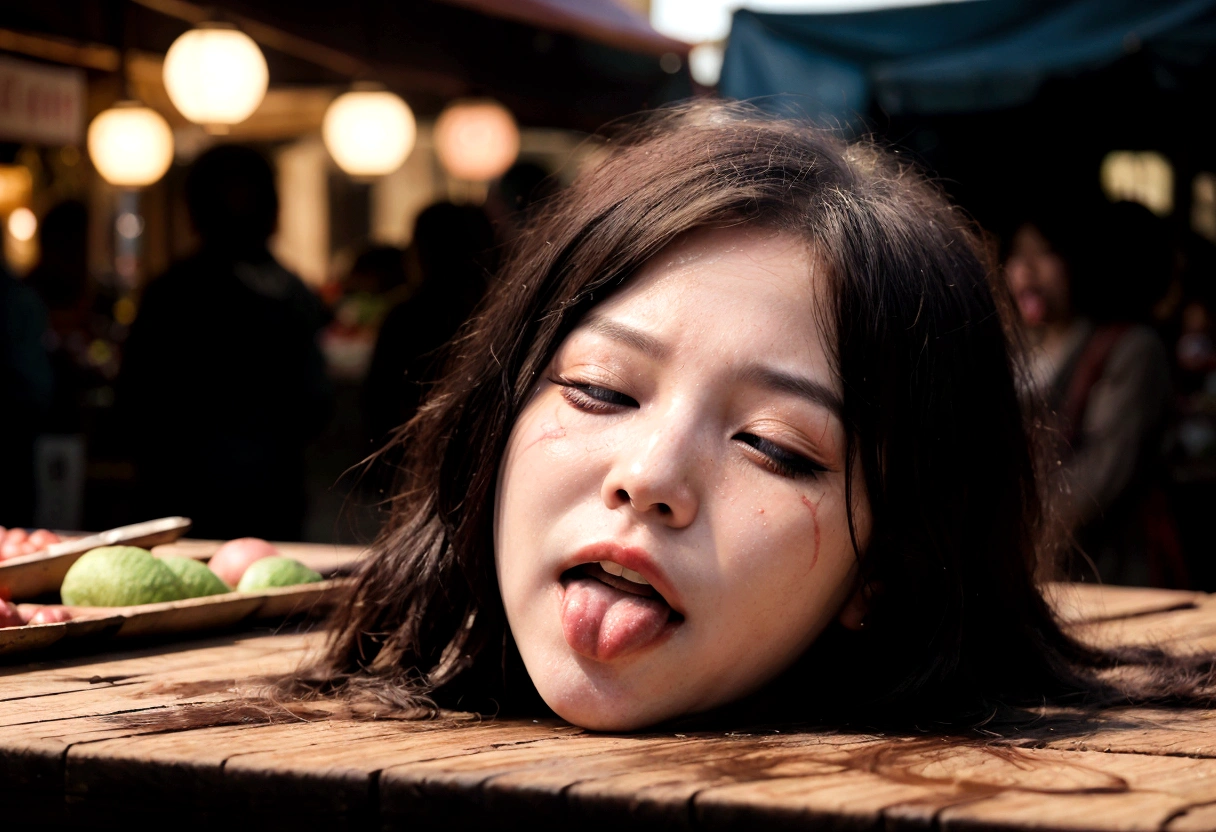 Human head being traded in a traditional market, on a top of table, ahegao face, human trafficking, bleeding, woman's head, open mouth, ((eyes closed)), bleeding, photorealistic, 4K, Nikon, horror, public market, beautiful asian face, pale skins, pale face