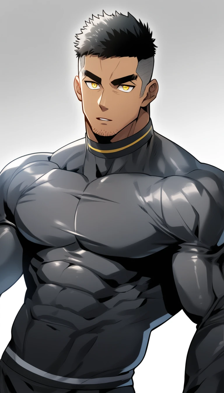 anime characters：Tights superhero, Muscle superhero, negro black skin, 1 dark skin muscular tough guy, Manliness, male focus, Yellow and black striped high collar long sleeve tight T-shirt, Slightly transparent material, Very tight, Round, full and perky chest muscles,Male dog waist,Slightly transparent, muscular male, muscular, only, Upper body, alone, Black short hair, Thick eyebrows, stubble, Yellow eyes, Grey background, simple background, amazing quality, best aesthetics, Ridiculous, bright pupils, crew cut, parted lips, seductive smile, torogao, naughty face, drop shadow, best quality