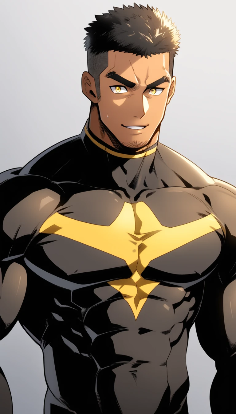 anime characters：Tights superhero, Muscle superhero, negro black skin, 1 dark skin muscular tough guy, Manliness, male focus, Yellow and black striped high collar long sleeve tight T-shirt, Slightly transparent material, Very tight, Round, full and perky chest muscles,Male dog waist,Slightly transparent, muscular male, muscular, only, Upper body, alone, Black short hair, Thick eyebrows, stubble, Yellow eyes, Grey background, simple background, amazing quality, best aesthetics, Ridiculous, bright pupils, crew cut, parted lips, seductive smile, torogao, naughty face, drop shadow, best quality