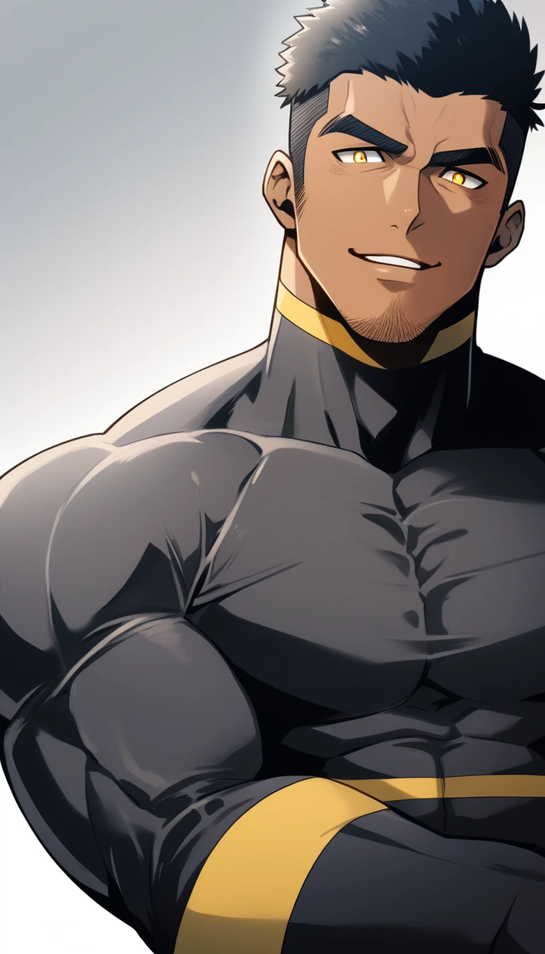 anime characters：Gyee, Priapuuscle Sports Student, 2 muscular tough guy, Manliness, male focus, Light yellow high collar long sleeve tight T-shirt, Very tight, The clothes were soaked with sweat, The pectoral muscles are oversized, his pecs are getting groped, Slightly transparent, muscular male, muscular, only, Upper body, alone, Black short hair, Thick eyebrows, stubble, Yellow eyes, Grey background, simple background, amazing quality, best aesthetics, Ridiculous, bright pupils, crew cut, parted lips, shy, blush, moaning, saliva trail, drop shadow, best quality