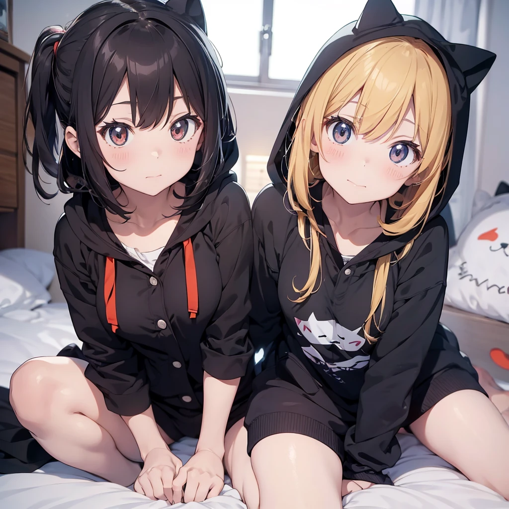 2 anime girls in a cat pajama with hoods on and 1 anime girl in a dog pajama with hood on in a cute pose in bed, looking up directly at the camera in an almost bird's eye view. 