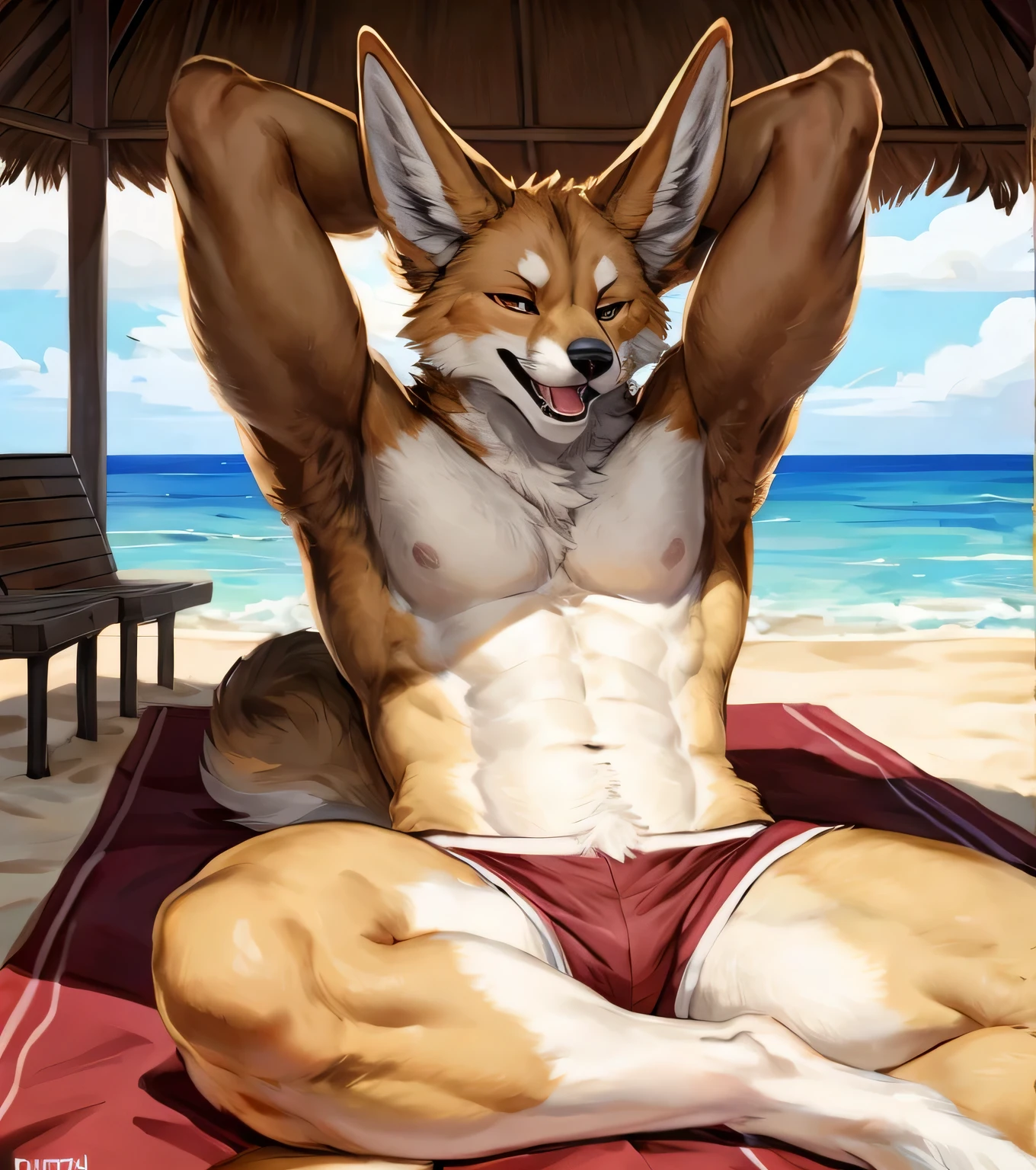 (solo,furry,anthro,hyper realistic), male, laying on back on towel, smirk, smug, wide open mouth, laughing, head up, hands behind head, wearing ((dark red)) boxer shorts, front view, muscular body, realistic fur, full body shot, Fennec, beach, blurred background, by bebebebebe:1.2, by buta99, by foxovh, by ruan jia