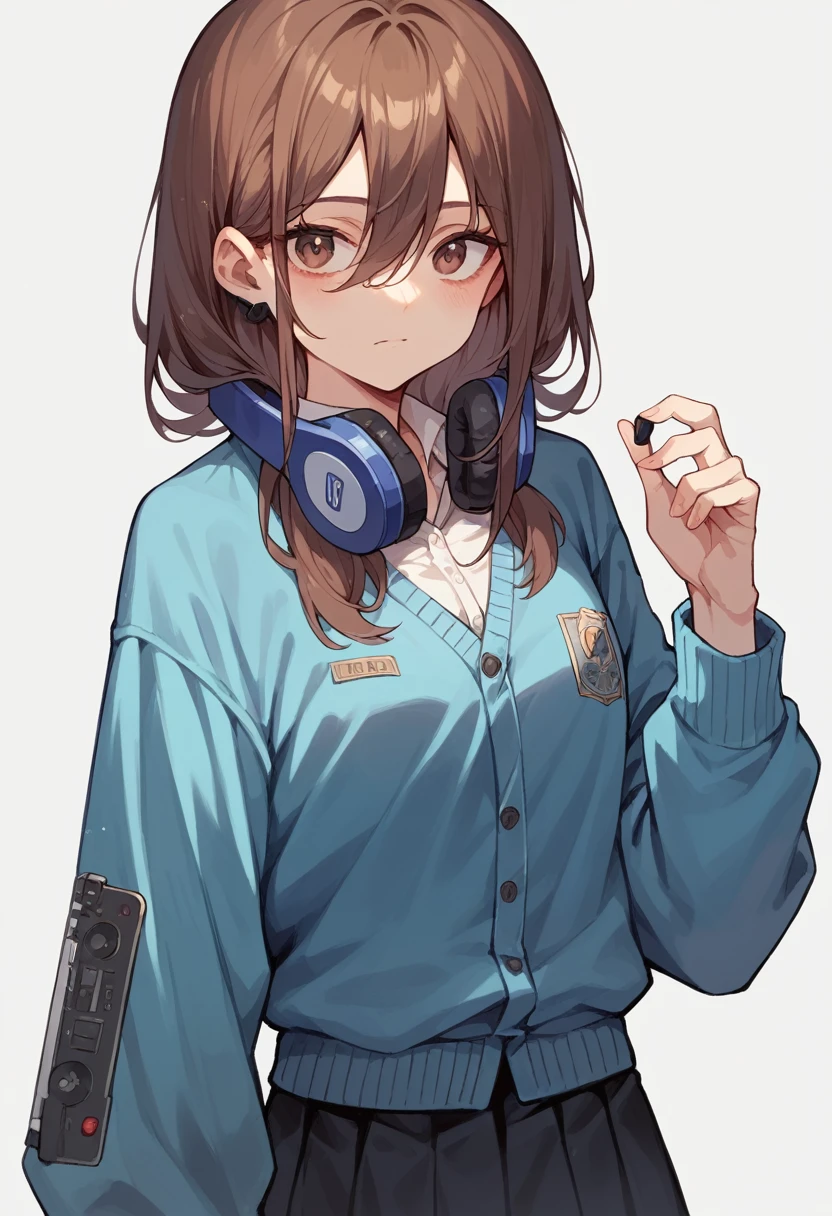 Long Hair,Dark brown hair,The right eye is hidden by hair,headphone,uniform,Skirt green,Blue cardigan