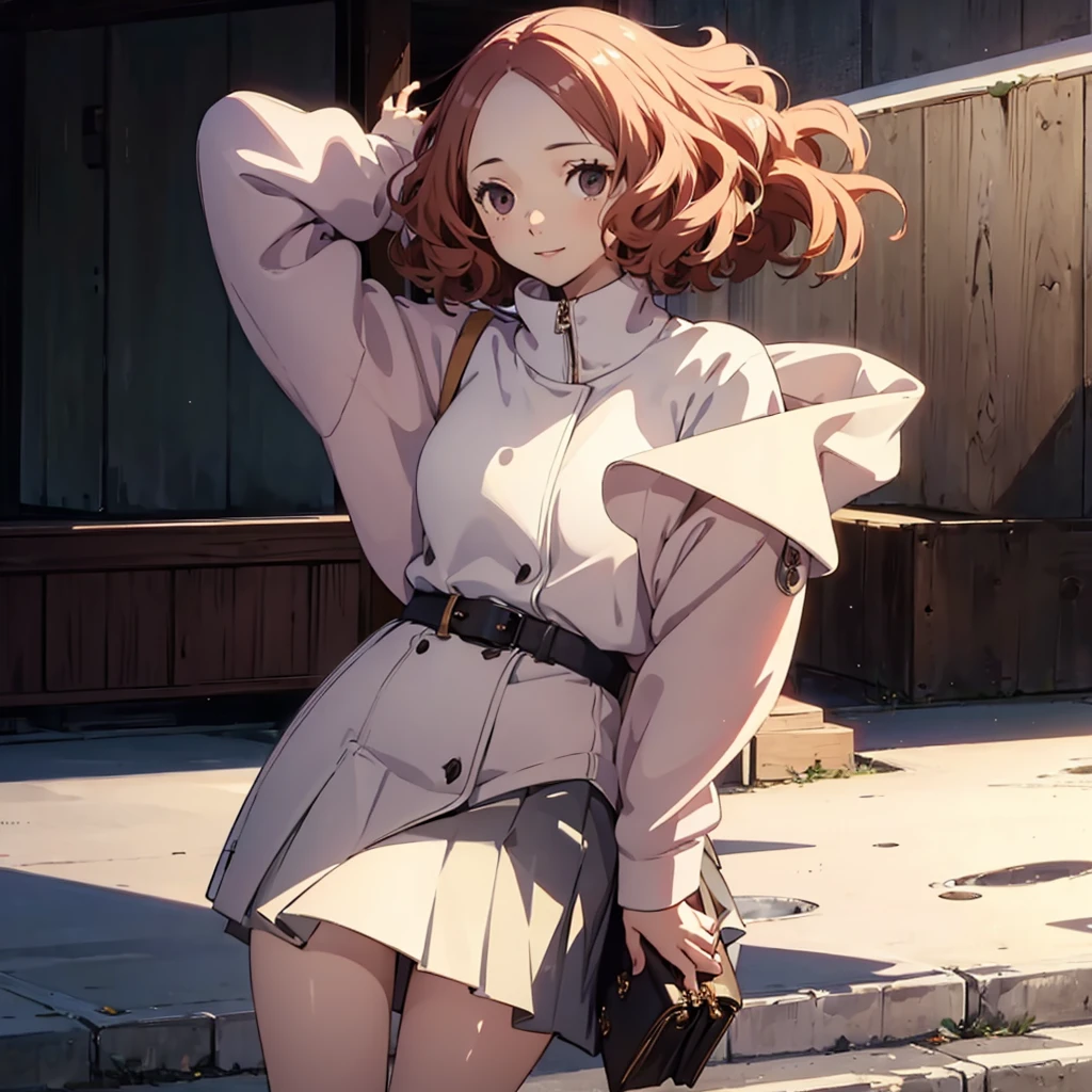 (((masterpiece))) 4k HD, detail background, Haru Okumura, innocent smile, oversize sweater, skirt, standing, outdoor, cute