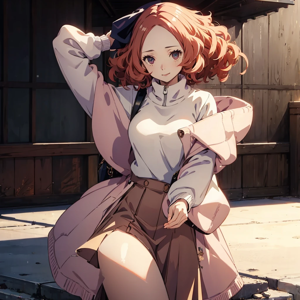 (((masterpiece))) 4k HD, detail background, Haru Okumura, innocent smile, oversize sweater, skirt, standing, outdoor, cute