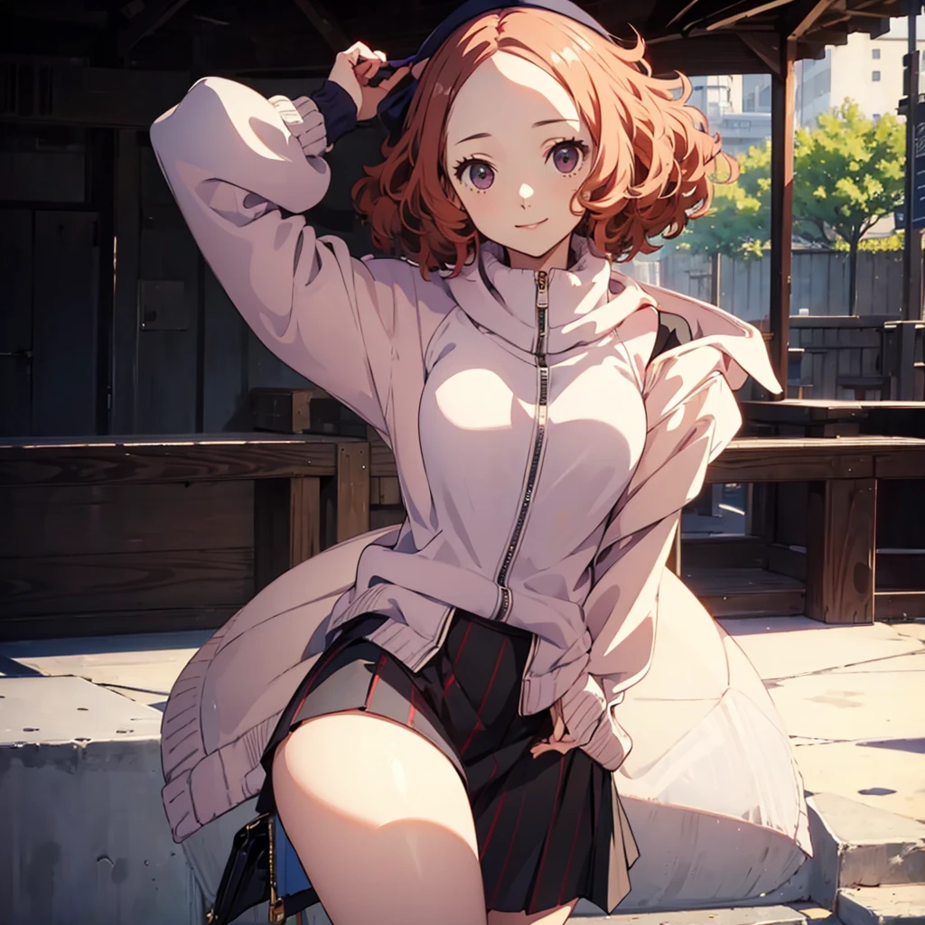 (((masterpiece))) 4k HD, detail background, Haru Okumura, innocent smile, oversize sweater, skirt, standing, outdoor, cute