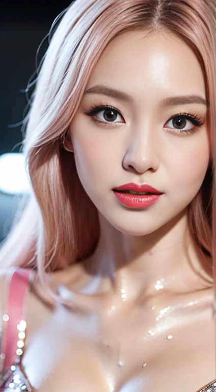 1 girl, Korean model, extremely beautiful, perfect body. Photo taken with Canon EOS R5 85mm f/11 Camera, ((sharp)) mode of people and surrounding scenery. Image quality ((8K)), ((lifelike)), ((masterpiece)), ((sharp and highest contrast)), ((great depth of field)), ((light stereolithography)). ((Pink hair)), long and smooth, the wind blows it beautifully under the bright sunlight. Beautiful face, perfect and sexy, holy, perfectly balanced, ((beautiful in every detail)), ((shiny)), ((high-end cosmetic makeup)), ((shiny bright, radiant)). Bright smile, pure white teeth and details. Seductive glossy red lips, ((brilliant glossy red lipstick)). The eyes are brown, glossy, seductive, ((sharp makeup)), realistic, ((wet eyes)) and detailed. Pink eyeshadow, long eyelashes, blush, high-end cosmetics. Two delicate eyelids, perfectly beautiful and detailed, black eyelashes. Eyebrows are curved, sparse, sharp and detailed. High and detailed nose. Cheeks are prominent and detailed. ((Ivory white, bright white skin)), detailed pores, ((shiny skin)), smooth, rosy, flawless skin texture. Long, shiny legs. Beautiful, perfect hands, ((no flaws)). ((Light shines directly on the face)), bright sunlight, ((shines light on the front part of the girl's body)).
Super close-up photo of the girl's face.
