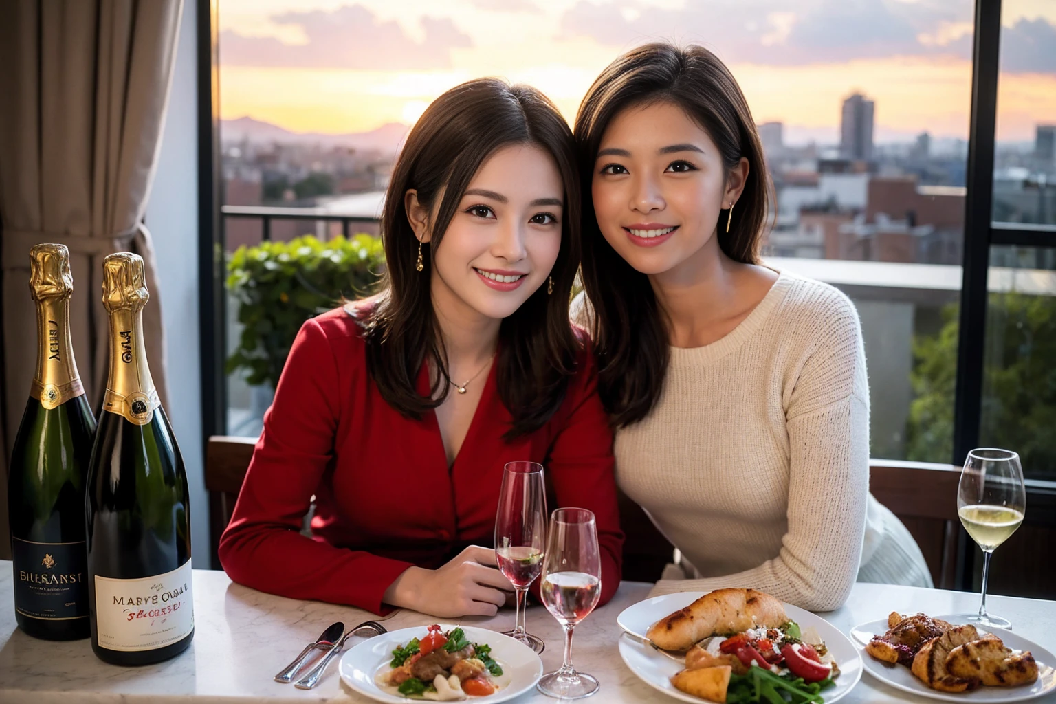 ((Highest quality、、masterpiece:1.3))、1 male 1 female、Slim lover、Beautiful couple、Smile、full-course dinner、 (Slim face), (the body is スリム), (Brown Hair), (Shortcuts), テーブルの上のwine glass、Shine light on your face、 Amazing view of the sunset sky and clouds、The beauty of a smile、Bright image、Blushing, Shortcuts, (Age 35), 39 years old, Appetizers、Italian food、Wine bottle、Champagne、sparkling wine、Long sleeve shirt、dress、actress, model, Upper Body, White wine, red wine, wine glass,