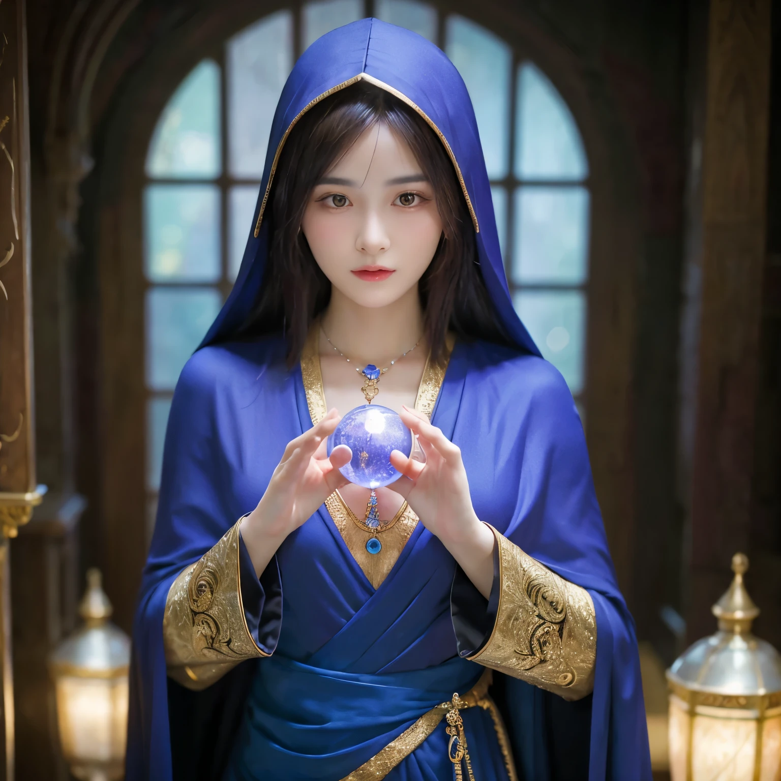 Female fortune teller. (Overall body orientation: frontal) Charming, beautiful and mysterious. She wears a blue cloak and has a clear face. Eyes wide open, looking straight ahead. Bright and glittering, full of anxiety and anticipation. Holding a crystal ball with both hands. He stands up and holds the crystal ball in front of his chest. The lighting in the room is bright, creating a fantastic atmosphere. Highest image quality, 4K or 8K resolution. Level of detail is very fine and photorealistic. Artistic style should reflect a formal aesthetic, with bright colors and strong contrasts. The color palette should emphasize the mysterious and mystical theme of the work. The fortune teller's cloak is decorated with metal trim and intricate designs, with a thickness ratio of 1.5 The overall mood is lovely and fantastic. The overall atmosphere is lovely and fantastic. The expression of the fortune teller's face should arouse mystical interest.