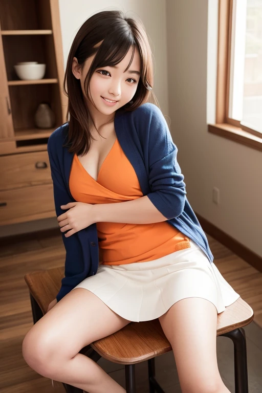 {Highest quality}、{so beautiful}、{Highest quality}、{Best illustrations}、super high quality、Japanese Girls１people、Casual clothing、mini skirt、Orange panties、Attractive thighs、Spread your legs wide、Open your chest wide、Face of joy、Small breasts、smile、No underwear、Sitting、Raise one leg、No underwear、Fold up the hem of the skirt a little