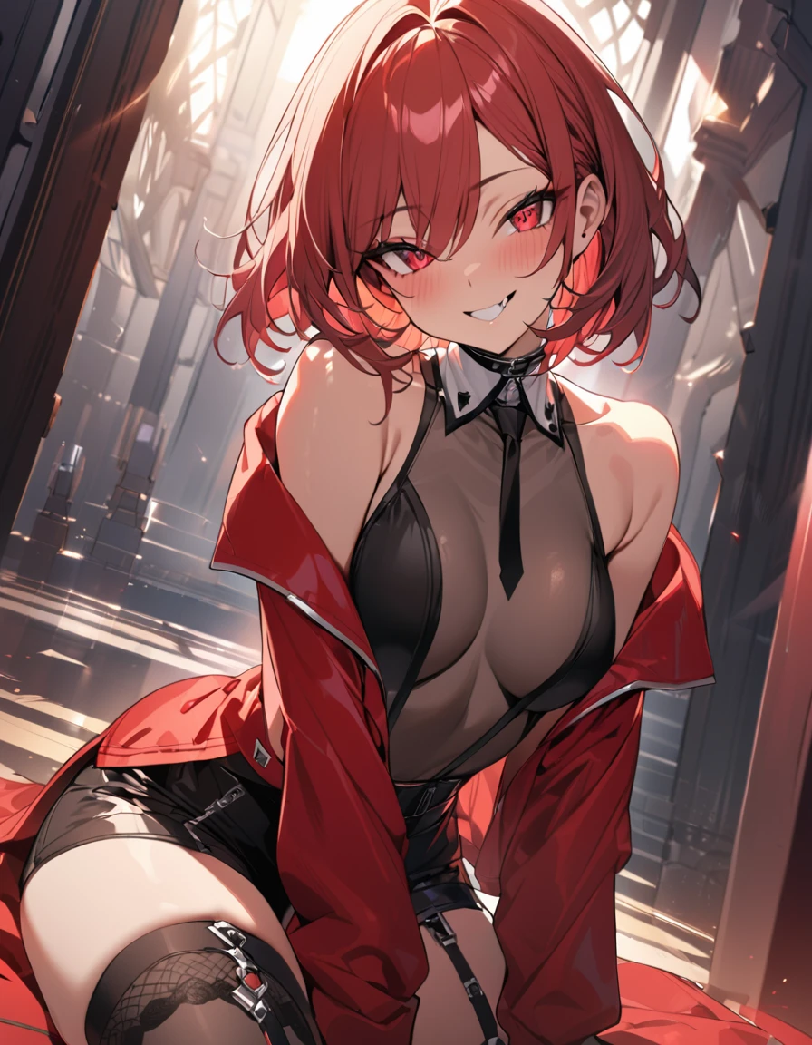 a handsome girl, solo, 
[(red hair:1.4):(sliver hair:1.4):0.3],
medium hair,
red eyes, bright eyes, fang
(black and red jacket:1.4), black tie,
white high neck collar, sleeveless, see-through tops only part,
black shorts, (garter rings), black tights, naughty smile, perfect lighting, best angle, masterpiece, best quality, extremely detailed face, extremely detailed,