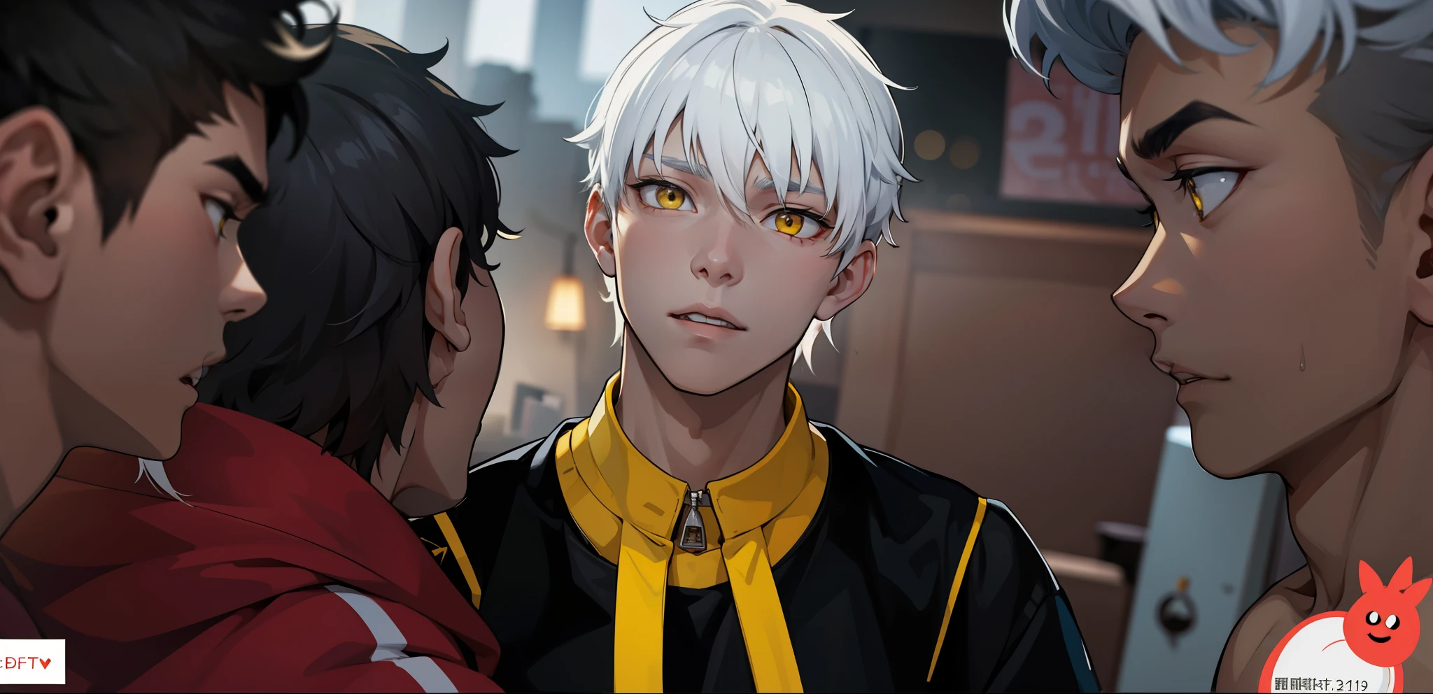 cute 17 year old boy, yellow eyes, white hair, speaking calmly