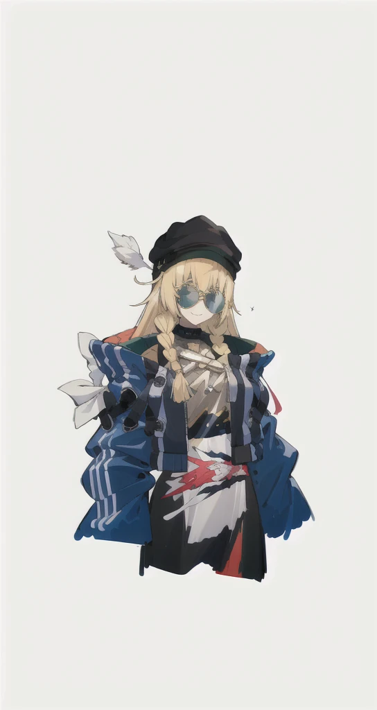 original outfit, 1girl, solo, long hair, hat, sunglasses, white background, jacket, smile, blue jacket, alternate costume, simple background, tinted eyewear