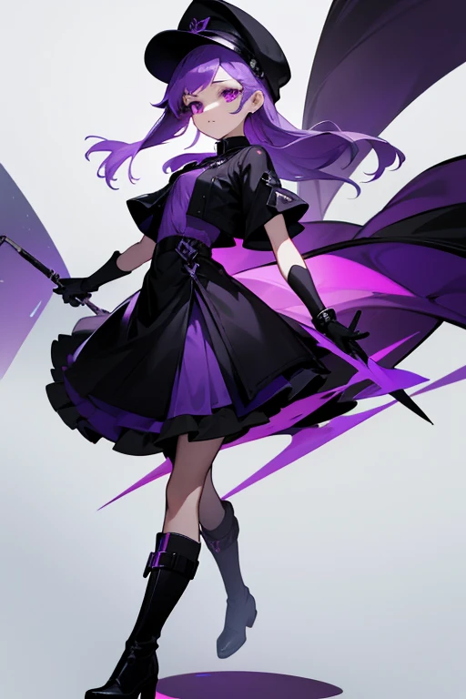 White girl,in black cap,with purple eyes, with a little purple hair,with a black dress,with black gloves,with black boots and a black hole in his hand